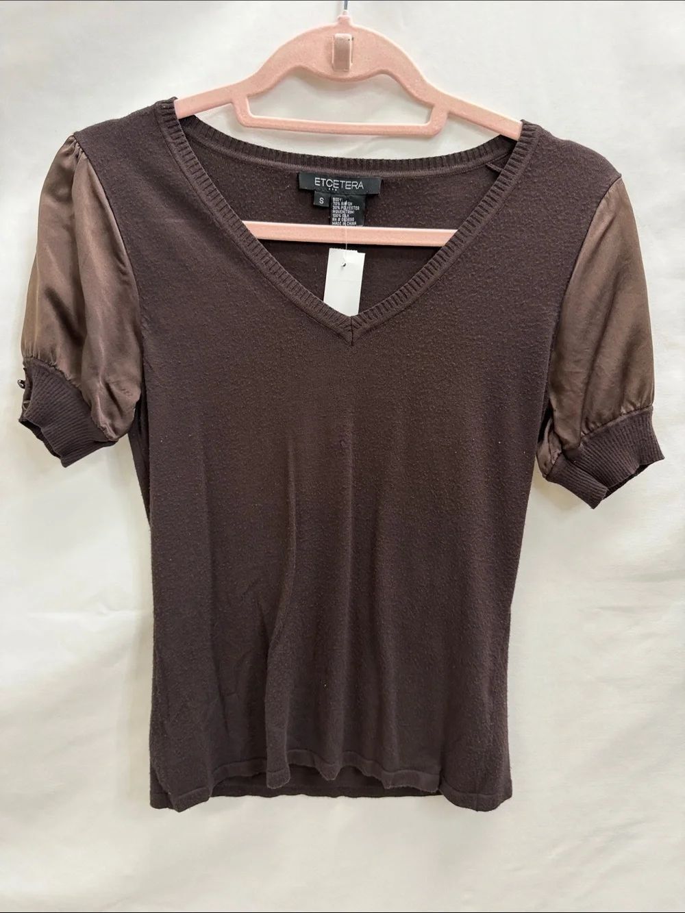 Etcetera Chocolate Brown V-Neck Short Puff Sleeve Top